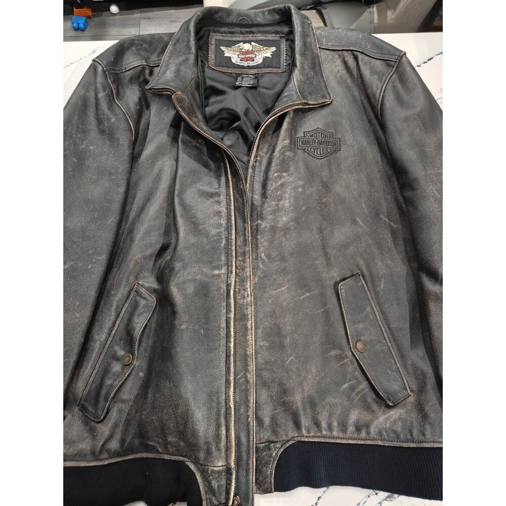Harley Davidson Men’s 3XL Distressed Leather Motorcycle Jacket Brown Black Heavy